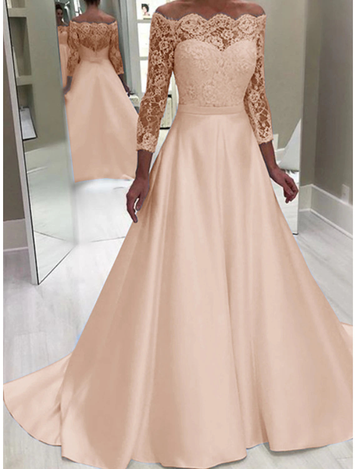 Wholesa Engagement Formal Wedding Dresses Ball Gown Off Shoulder Long Sleeve Court Train Satin Bridal Gowns With Beading Appliques